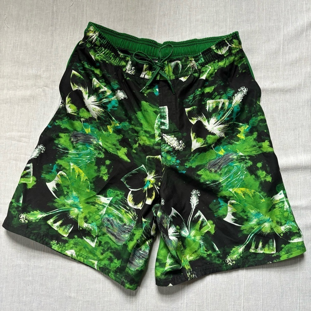 Nike Floral Print Stretch Waist Tie Swim Trunks-Green/Black-Men Large